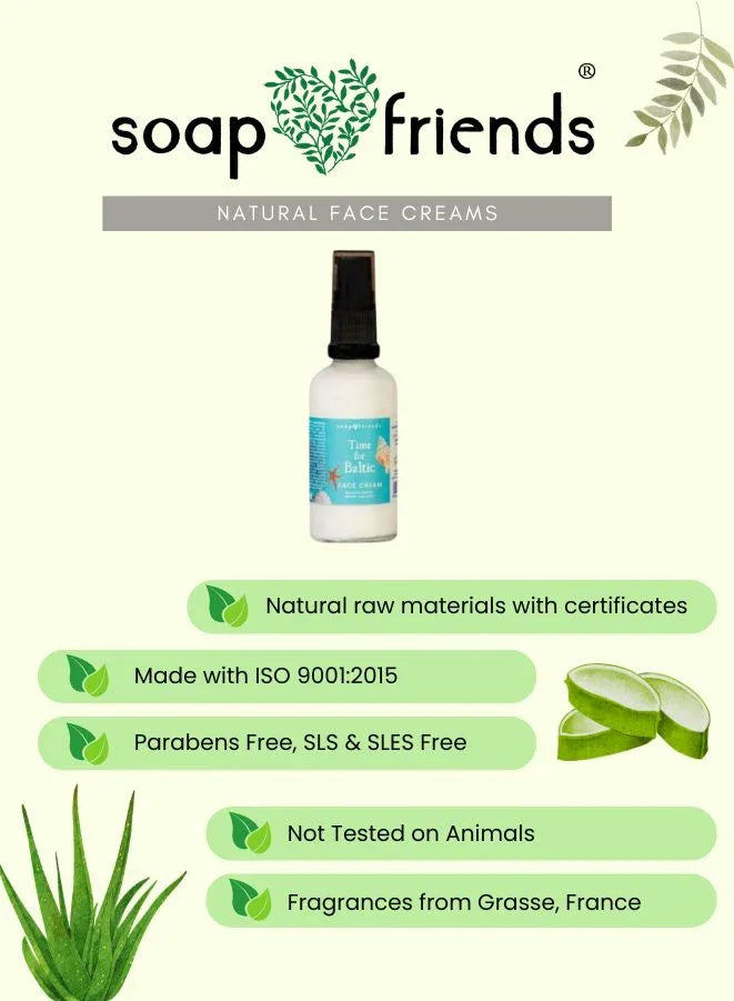 Soap & Friends natural face cream bottle with product details on a light green background