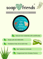 soap&friends natural face masks with product details and benefits on a light green background.