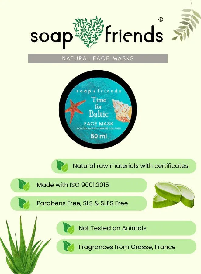 soap&friends natural face masks with product details and benefits on a light green background.