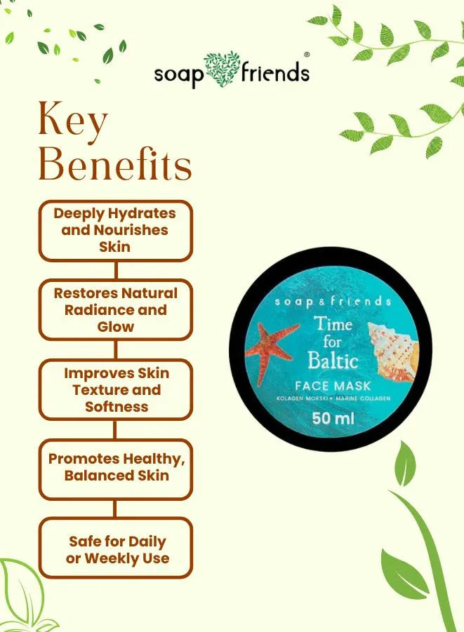 Soap & Friends face mask packaging with key benefits listed on a green leafy background