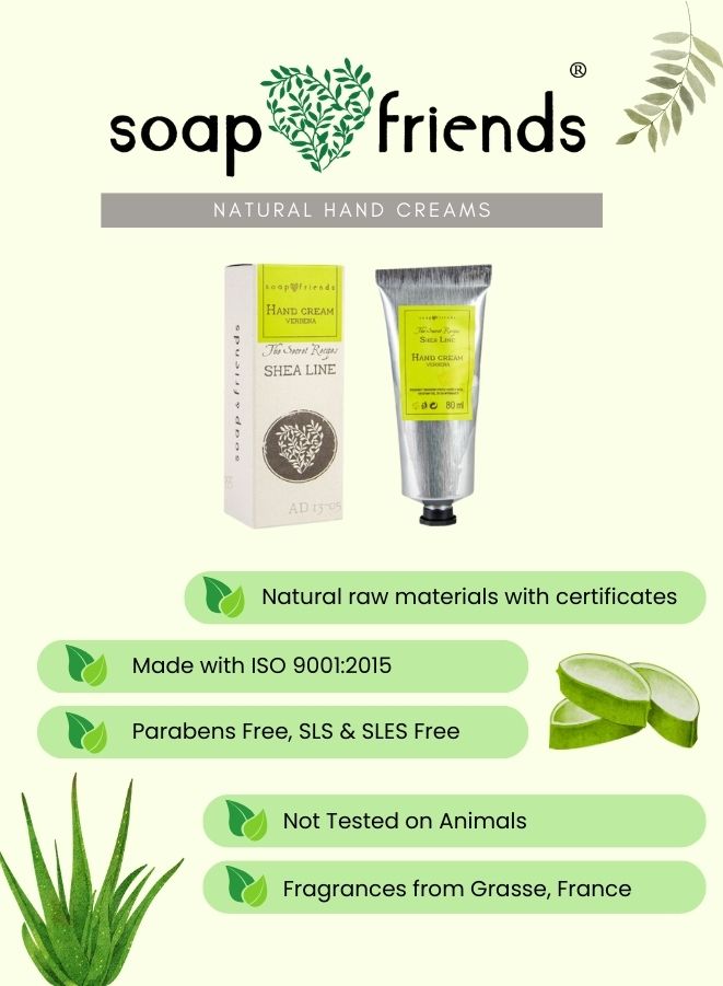 soap&friends natural hand creams with product packaging and aloe vera illustration.