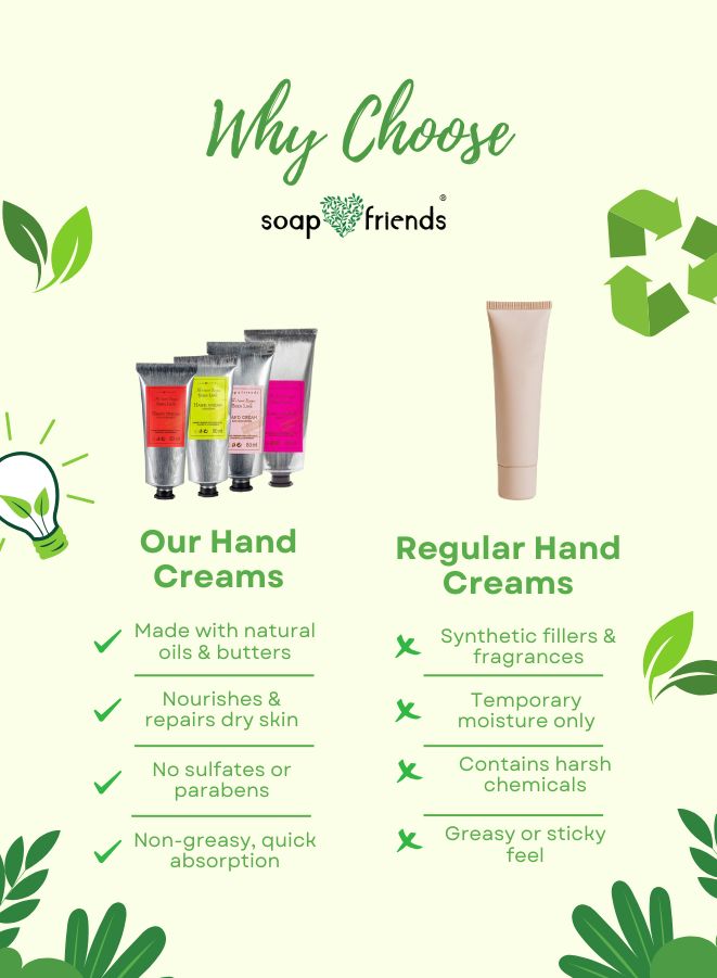 Advertisement for soap & friends hand creams with product images and text highlighting benefits.