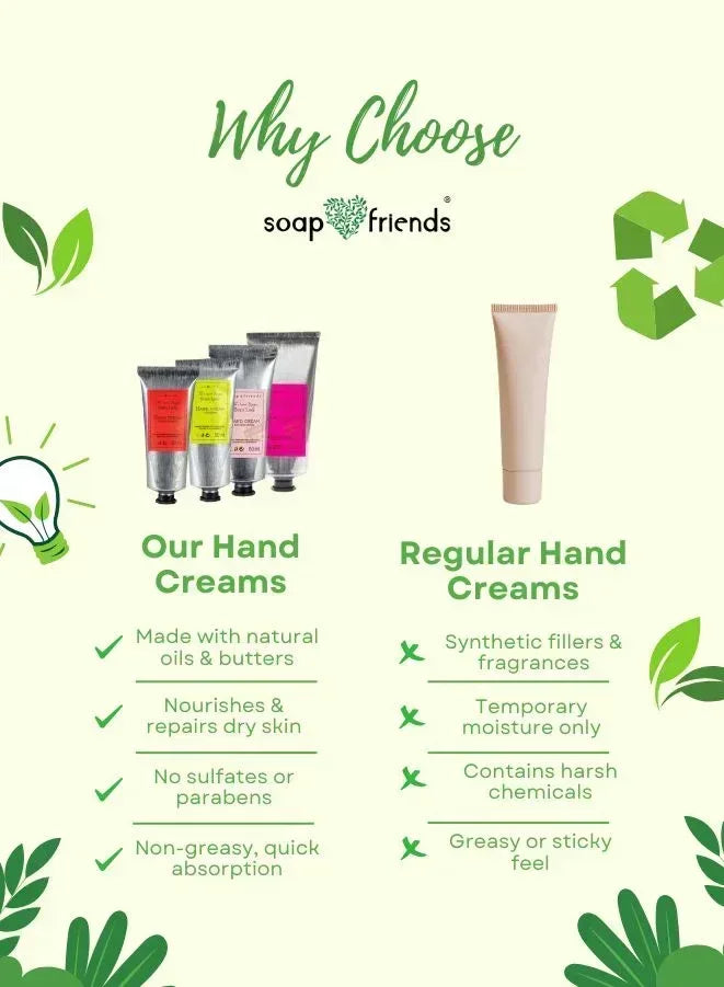Advertisement for soap & friends hand creams with product images and text highlighting benefits.