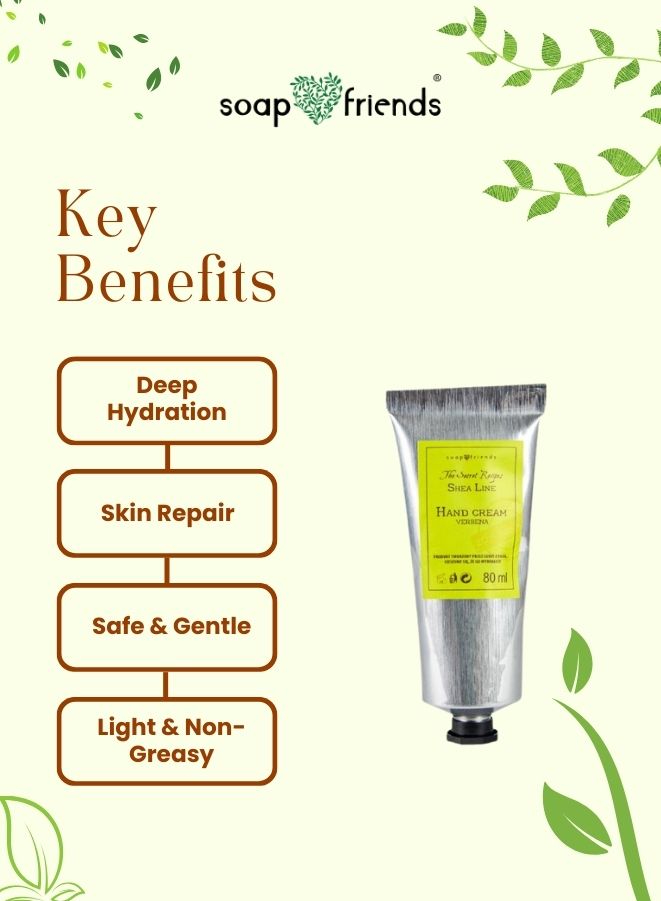 Hand cream with key benefits listed on a green background, featuring the brand 'soap & friends'.
