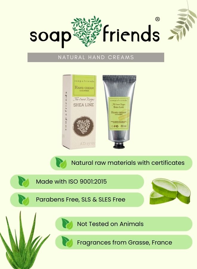 Soap & Friends natural hand cream with packaging and features listed on a green background