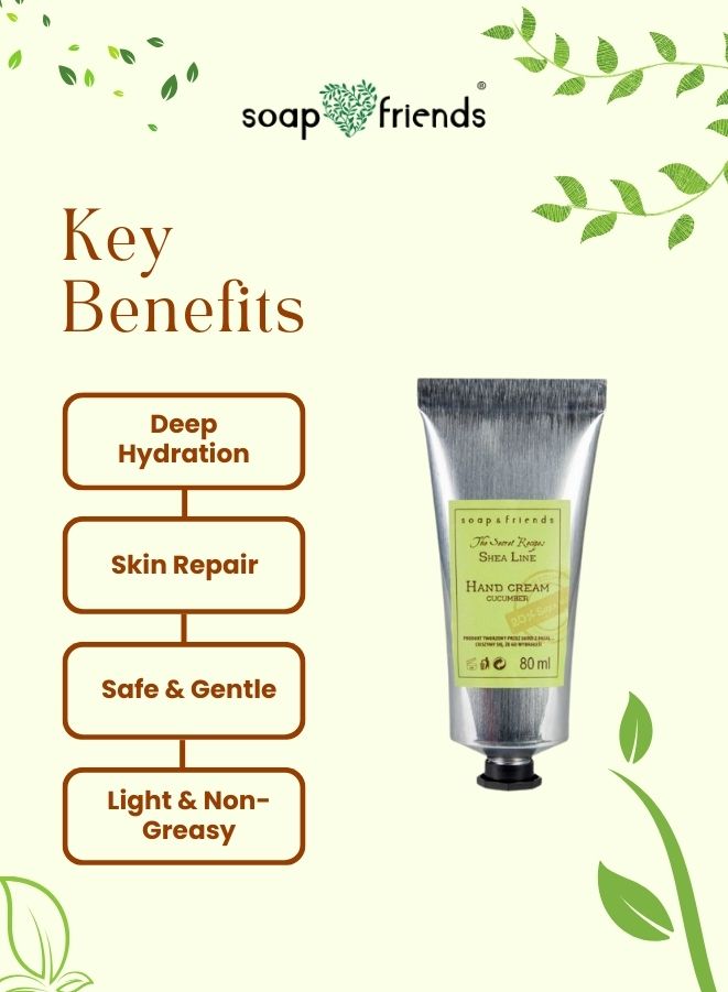 Hand cream with key benefits listed on a green background, featuring the brand 'soap & friends'.