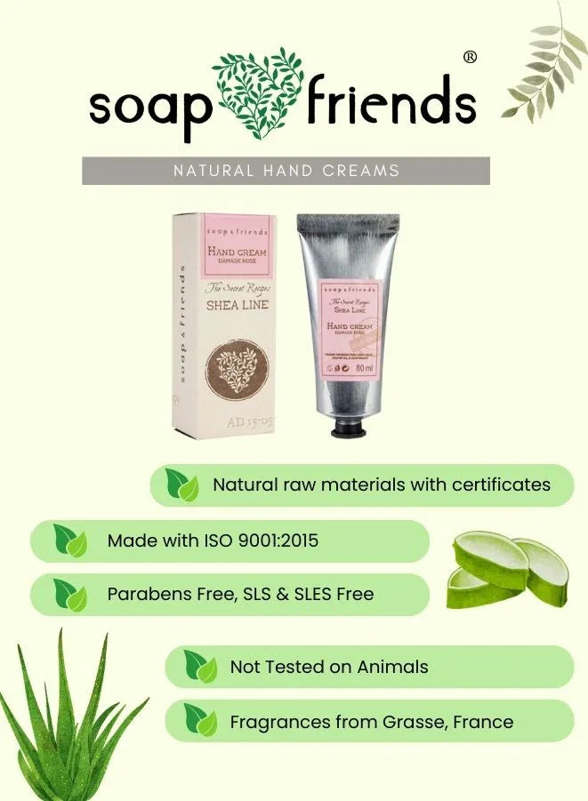 soap & friends natural hand creams with product packaging and aloe vera illustration.