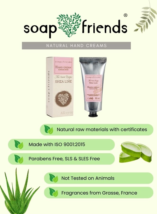 soap & friends natural hand creams with product packaging and aloe vera illustration.