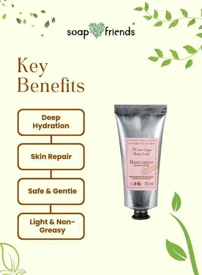 Hand cream with key benefits listed on a green leafy background, featuring the brand 'soap & friends'.