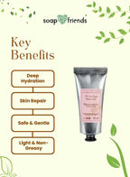 Hand cream with key benefits listed on a green leafy background, featuring the brand 'soap & friends'.