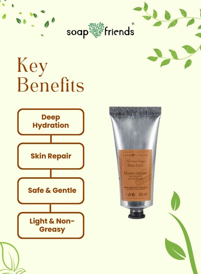 Hand cream with key benefits listed on a light green background, featuring the brand 'soap & friends'.