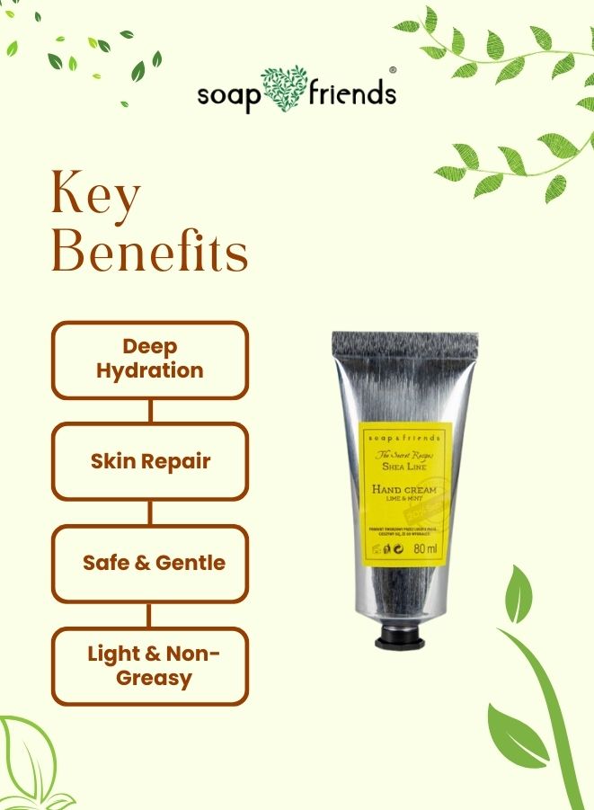 Hand cream with key benefits listed on a green leafy background, featuring the brand 'soap & friends'.