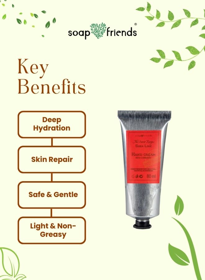 Hand cream with key benefits listed on a green background, featuring the brand 'soap and friends'.