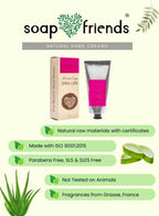 soap&friends natural hand creams with packaging and product on a light green background.