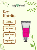 Hand cream with key benefits listed on a green background, featuring the brand 'soap & friends'.