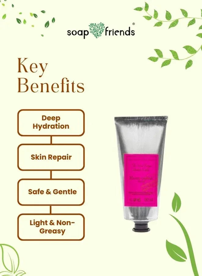 Hand cream with key benefits listed on a green background, featuring the brand 'soap & friends'.