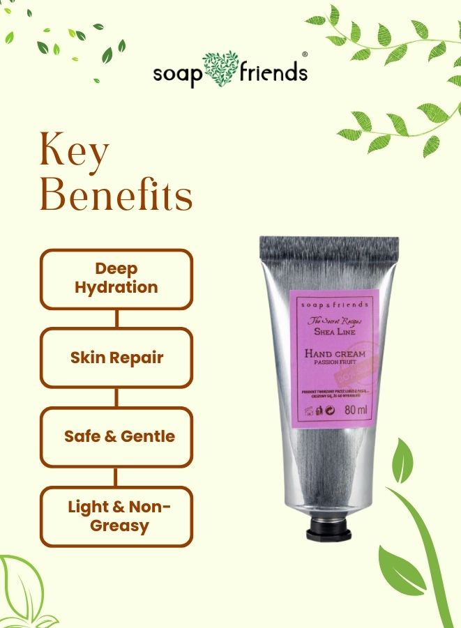 Hand cream tube with 'soap & friends' branding and key benefits listed on a green leafy background.