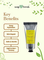 Hand cream with key benefits listed on a white background with green leaves, featuring 'soap & friends' brand.