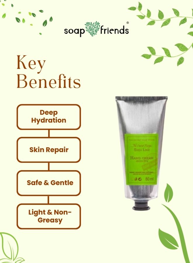 Hand cream with key benefits listed on a green background, featuring the brand 'soap & friends'.