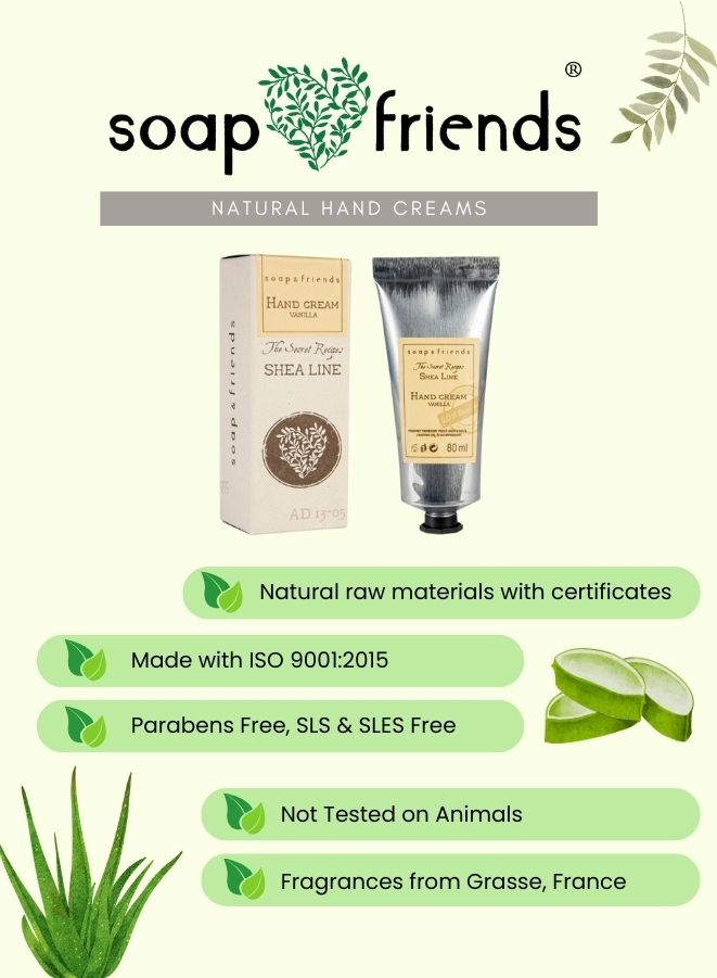 Soap & Friends natural hand cream packaging with aloe vera illustration on a white background
