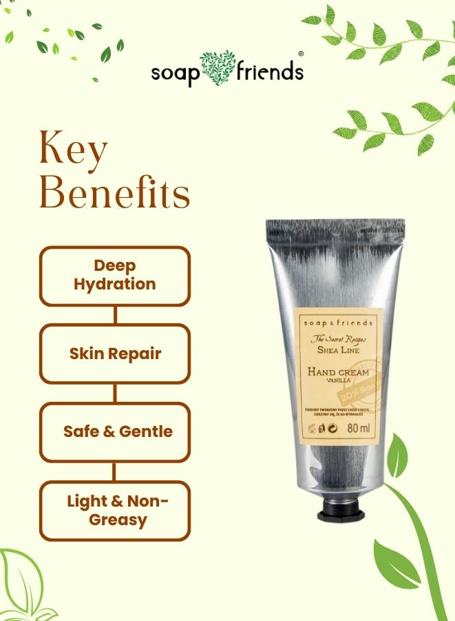 Hand cream with 'soap&friends' branding and key benefits listed on a green leafy background.