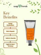 Soap and Friends hand cream with key benefits listed on a green background