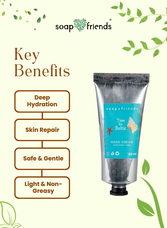 Hand cream tube with 'soap&friends' branding and key benefits listed on a green leafy background.