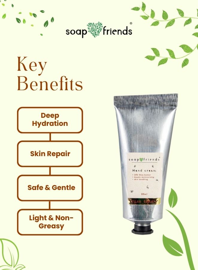 Hand cream tube with 'soap&friends' branding and key benefits listed on a green leafy background.