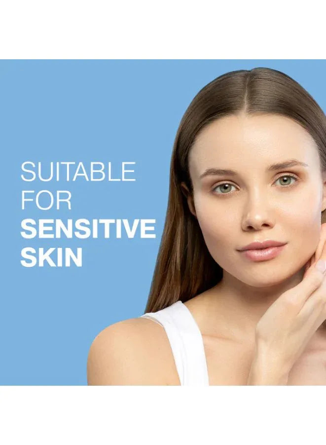 Woman with 'Suitable for Sensitive Skin' text on a blue background