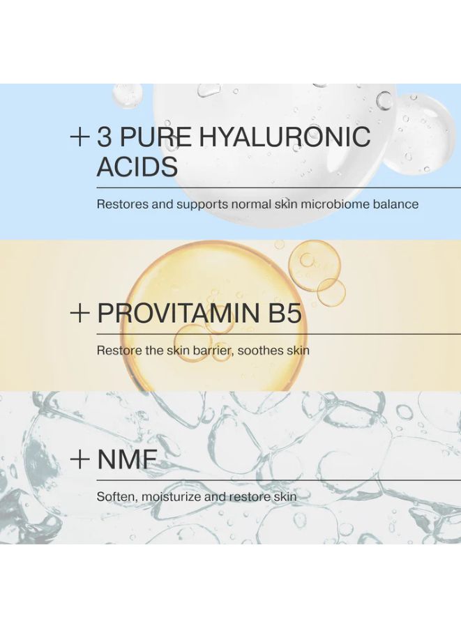 Skincare product packaging with hyaluronic acids, provitamin B5, and NMF text on a gradient background.