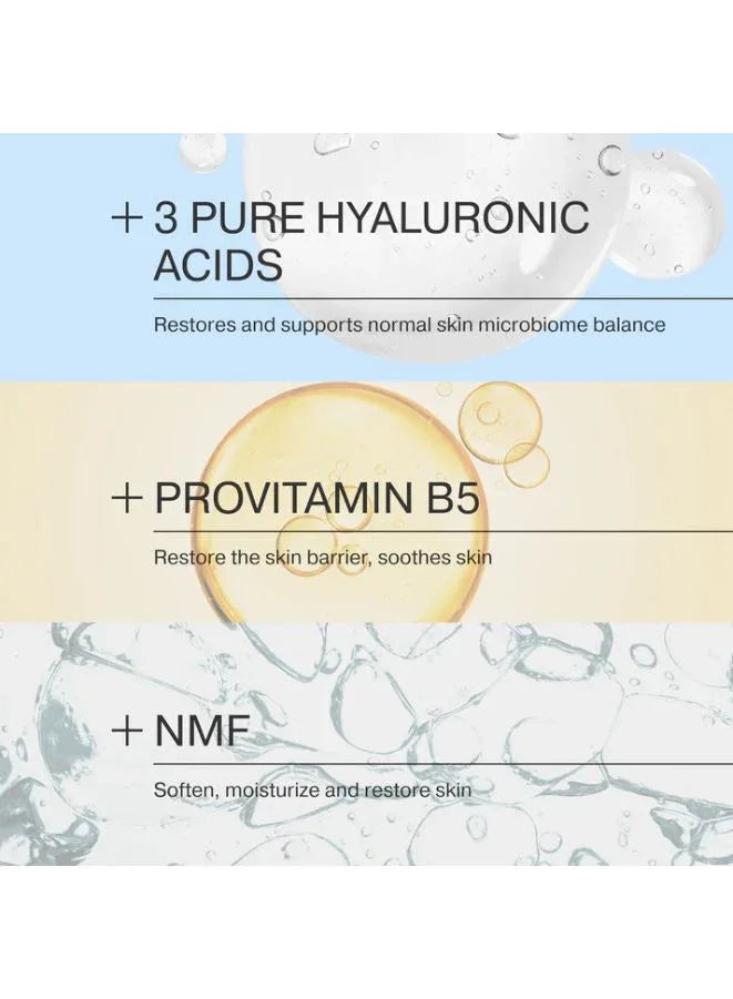 Skincare product packaging with hyaluronic acids, provitamin B5, and NMF text on a gradient background.