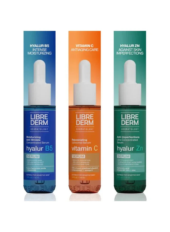 Three Librederm skincare serum bottles with different colored packaging on a white background.