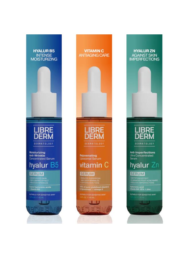 Three Librederm skincare serum bottles with different colored packaging on a white background.