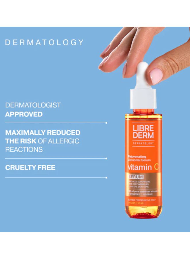 Librederm vitamin C face serum bottle with text highlighting dermatologist approval and safety features on a blue background
