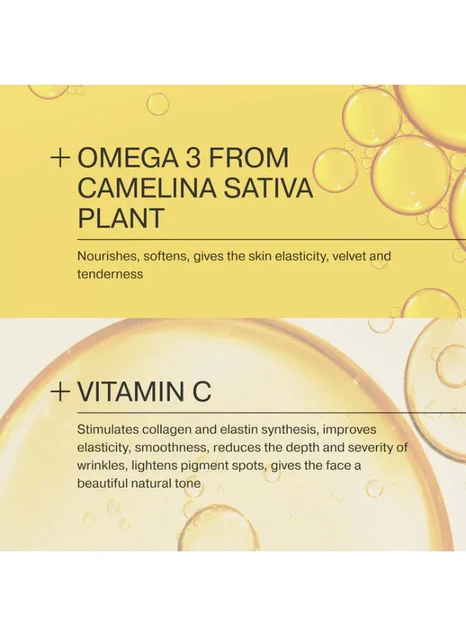 Product packaging with text about omega-3 from Camellia Sativa plant and vitamin C benefits on a yellow background.