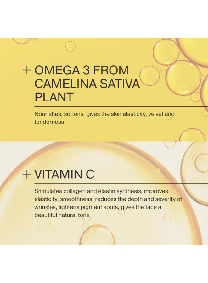 Product packaging with text about omega-3 from Camellia Sativa plant and vitamin C benefits on a yellow background.