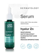 Libre Derm hyalur Zn serum bottle with product details on a white background