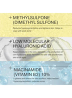 Skincare ingredients list with Methylsulfone, Low Molecular Hyaluronic Acid, and Niacinamide on a white background.