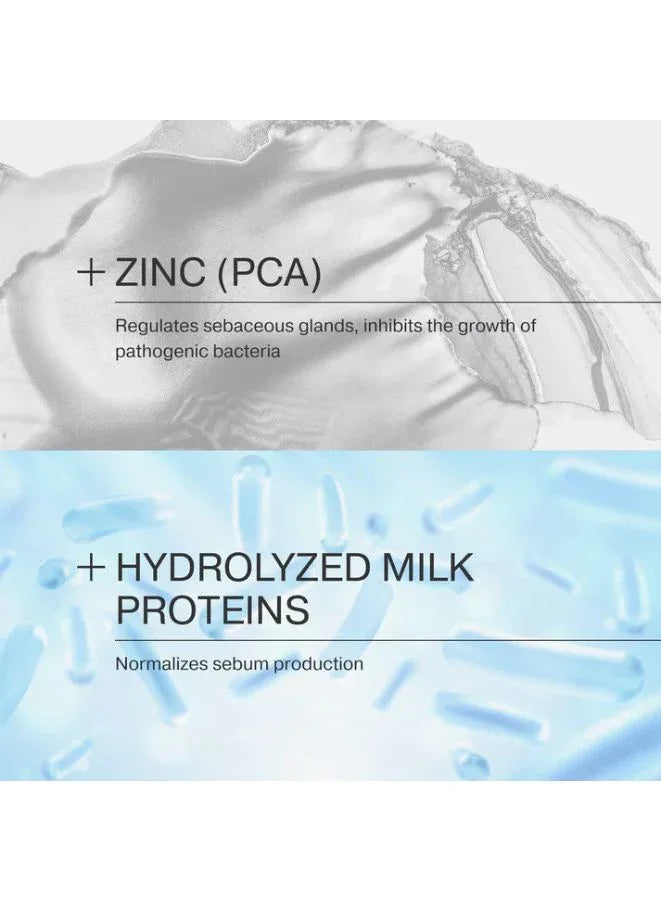 Product packaging with text about zinc PCA and hydrolyzed milk proteins on a white background.