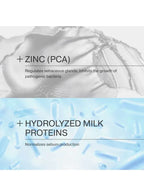 Product packaging with text about zinc PCA and hydrolyzed milk proteins on a white background.