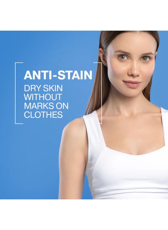 Woman wearing a white tank top with text 'Anti-Stain' and 'Dry skin without marks on clothes' on a blue background