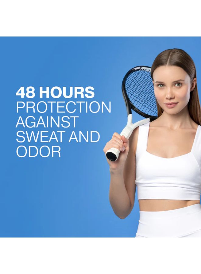 Woman holding a tennis racket with text about sweat and odor protection on a blue background