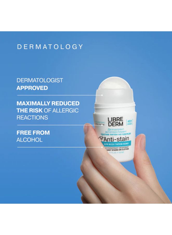 Hand holding a Librederm anti-stain deodorant against a blue background with text about dermatology.