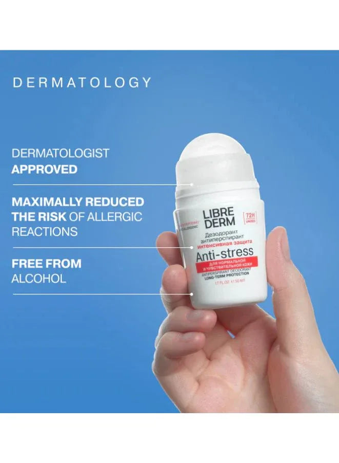 Hand holding a Libre Derm Anti-stress roll-on against a blue background with product features listed.