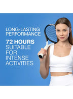 Woman holding a tennis racket with text about product performance on a blue background