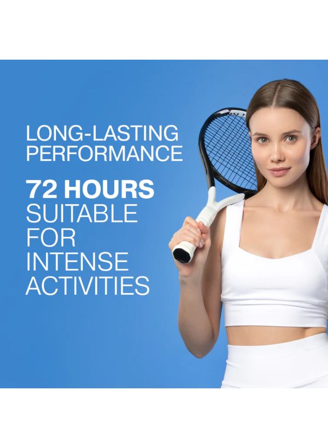 Woman holding a tennis racket with text about product performance on a blue background