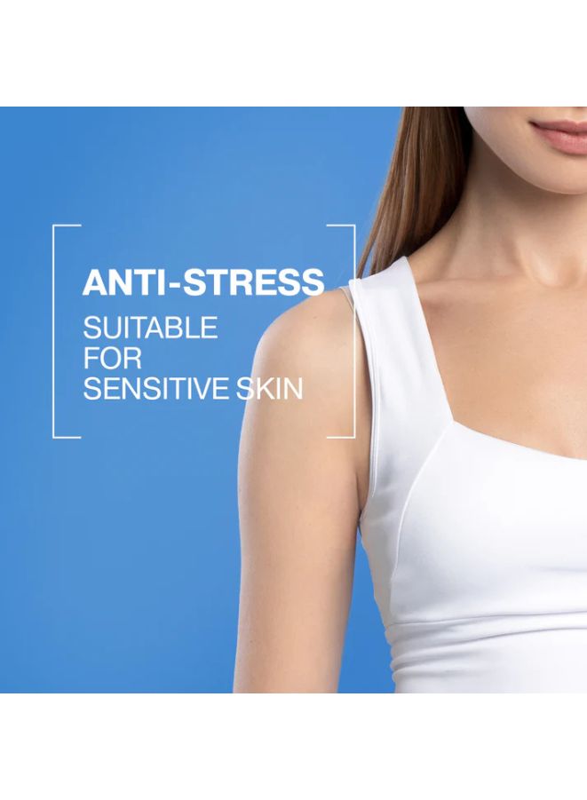 Woman wearing a white tank top against a blue background with text about anti-stress product suitability for sensitive skin.