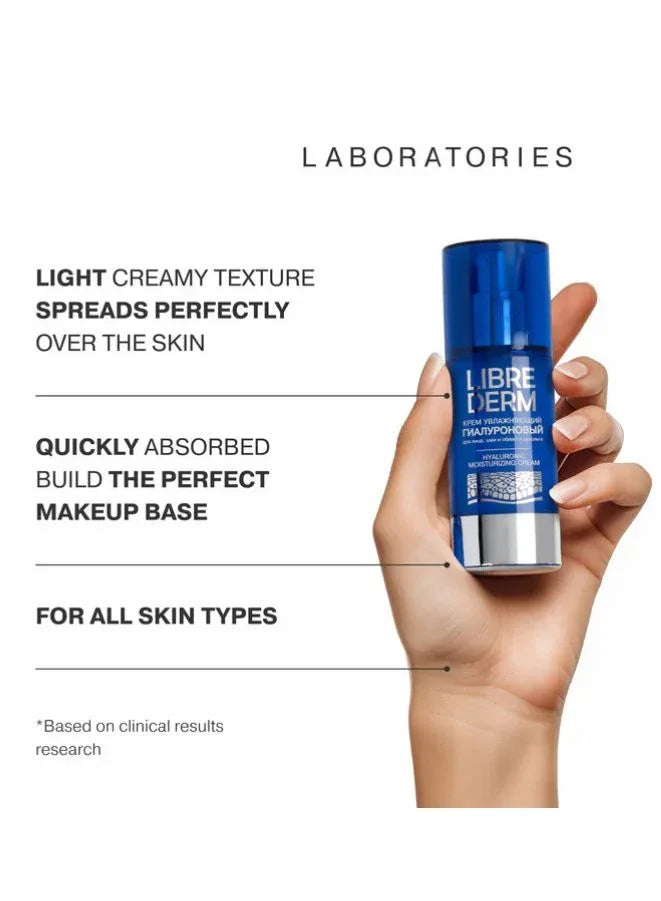 Blue skincare bottle held in a hand with product features listed on a white background