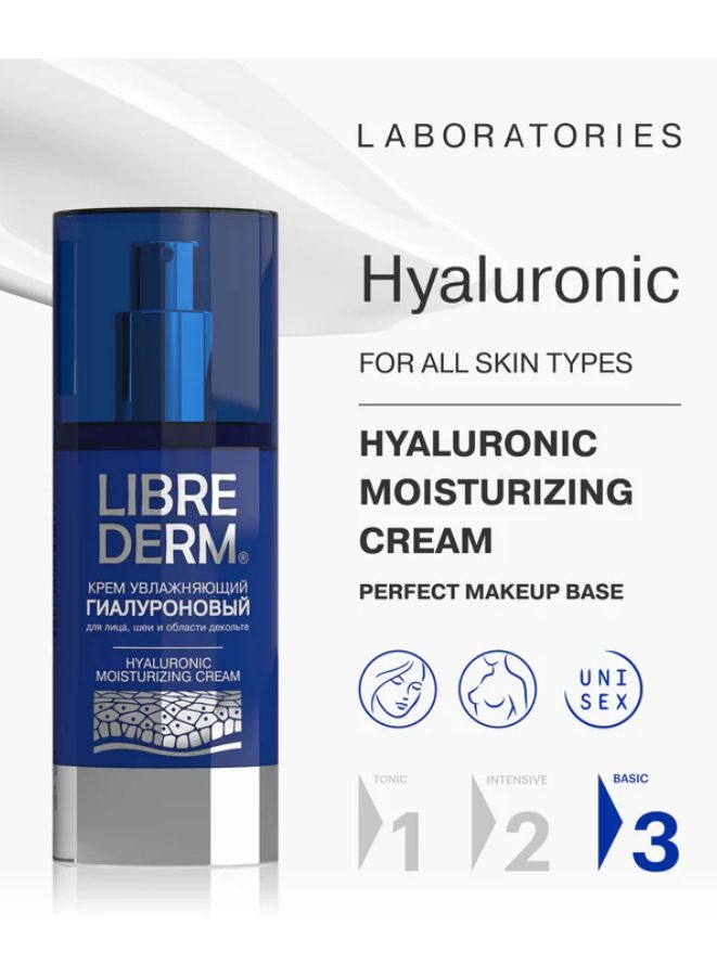 Librederm hyaluronic moisturizing cream bottle on a white background with text about skin types and benefits.