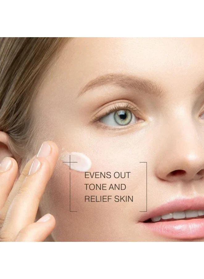Woman applying Librederm product to her face with text 'Evens Out Tone and Relief Skin'.